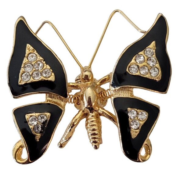 Gold Tone Clear Rhinestone Black Enamel Butterfly Trembler Brooch E652 - Picture 1 of 7